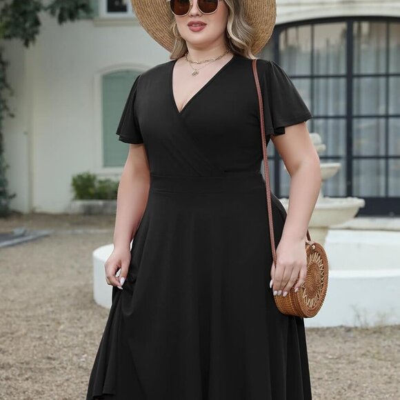 Plus Size Casual V Neck Short Sleeve Midi Dress with Pockets and Adjustable Wais - Picture 5 of 5